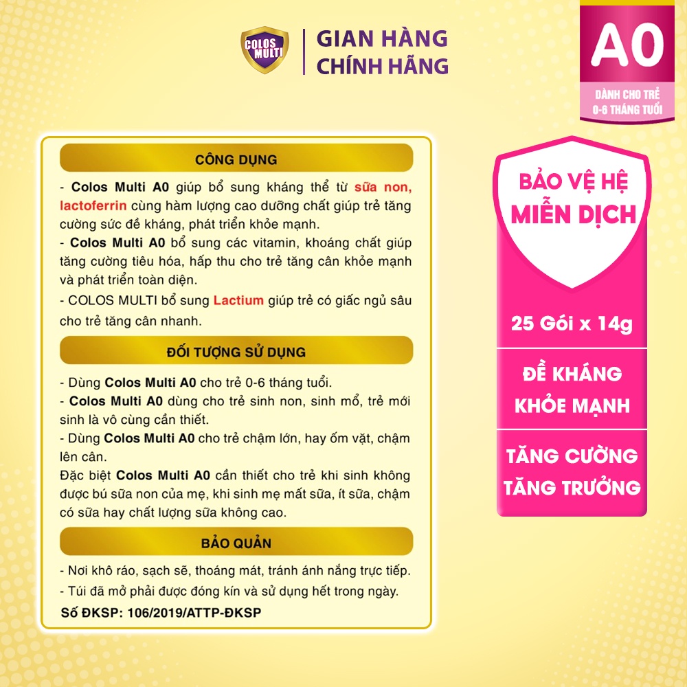 [Mã MKBCOL5 giảm 10% đơn 600K] Combo 2 hộp Sữa non Colosmulti A0 hộp 25 gói x14g hỗ trợ tăng cường sức đề kháng cho trẻ