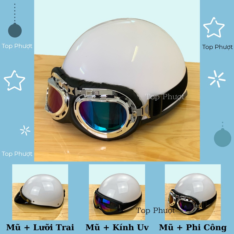 Mũ bảo hiểm nửa đầu 1/2 cute dễ thương có kính màu trắng cho người đi xe máy cao cấp, đạt chuẩn chất lượng kiểm định