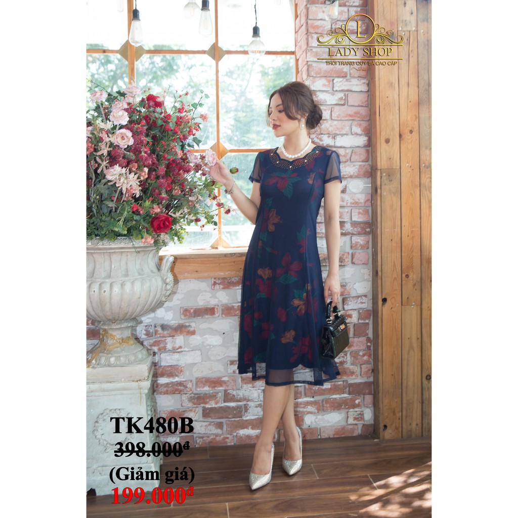 VÁY QUÝ BÀ TRUNG NIÊN CAO CẤP - LADYSHOP - Đầm 2 lớp xanh hoa dâm bụt cổ đá TK480 | BigBuy360 - bigbuy360.vn
