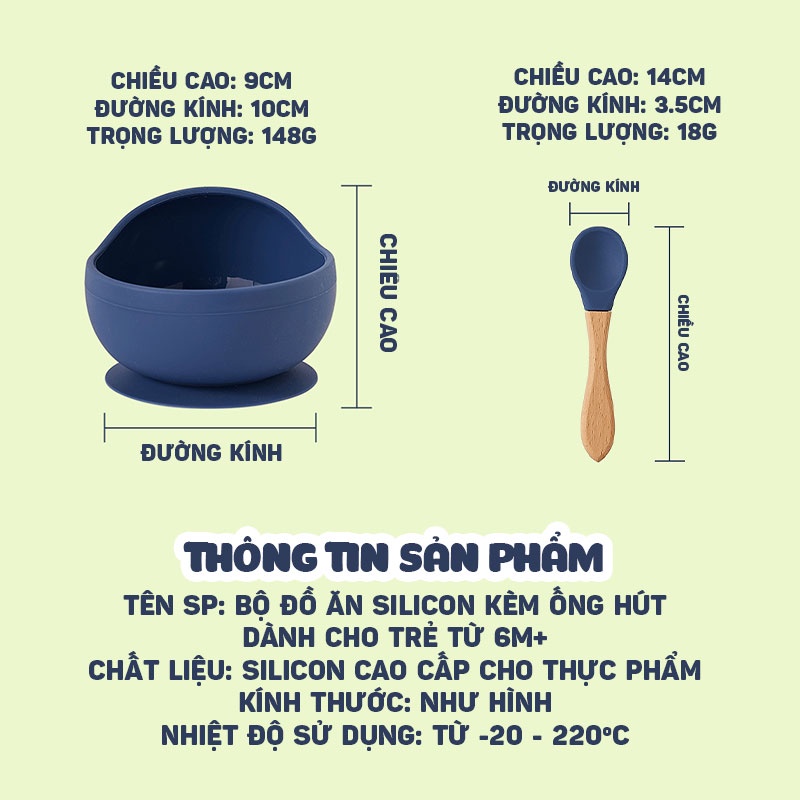 Bát ăn dặm cho bé bằng silicon có đế hít chống đổ có kèm thìa silicon cán gỗ Winingbox