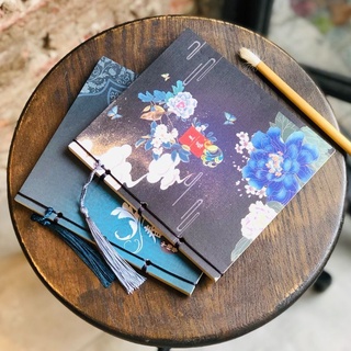 Sổ tay cổ trang họa tiết đẹp, dạ quang kim tuyến tua rua giấy nâu không dòng kẻ