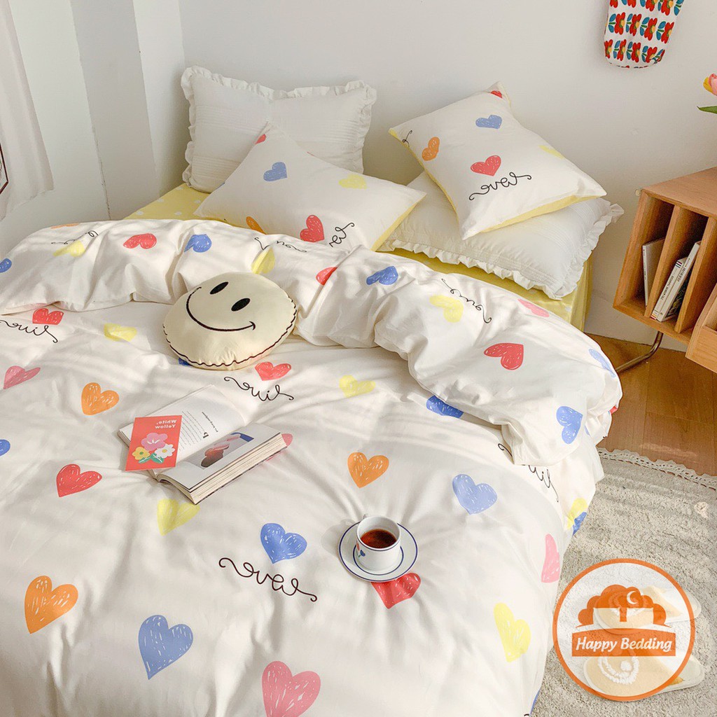 Bộ chăn ga gối Màu Pastel Happy Bedding drap cotton poly Hàn Quốc mùa tình yêu đủ size 1m2, 1m6, 1m8, 2m2 | BigBuy360 - bigbuy360.vn