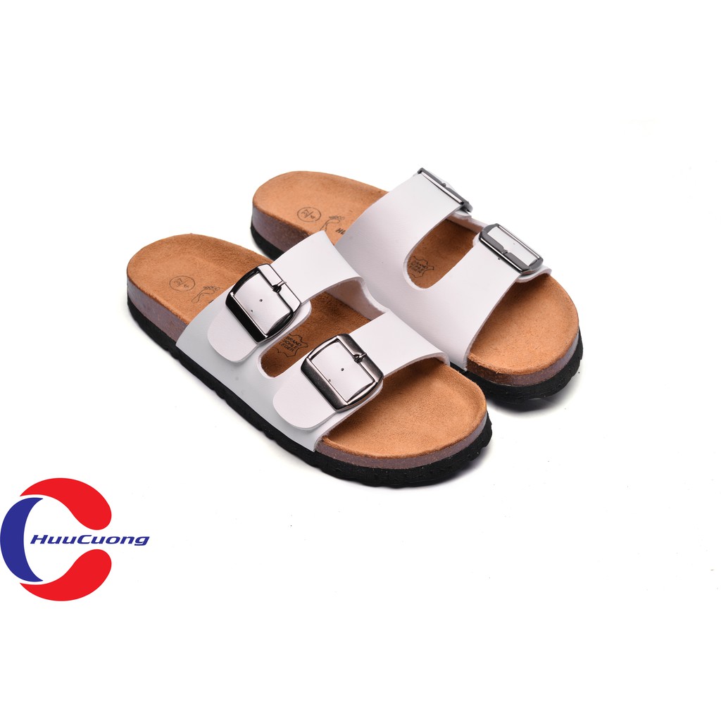 Dép sandal 2 khóa da pu trắng đế trấu