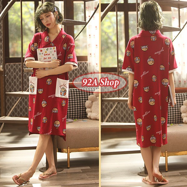 VÁY ĐẦM NGỦ COTTON VANG ĐỎ CÓ CỔ #03