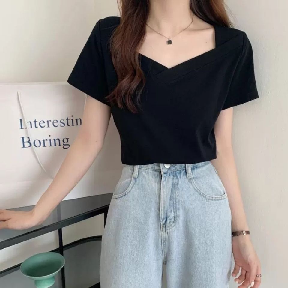 Áo Thun Tay Ngắn Cổ Vuông Dáng Ôm Thời Trang Mùa Hè Cho Nữ