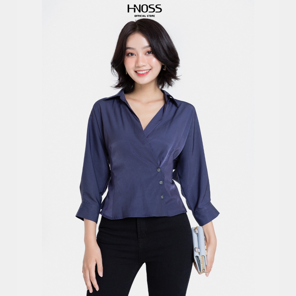 Áo Sơmi Nữ Thời Trang HNOSS Cổ Đắp Vạt Tay Dài ASM009