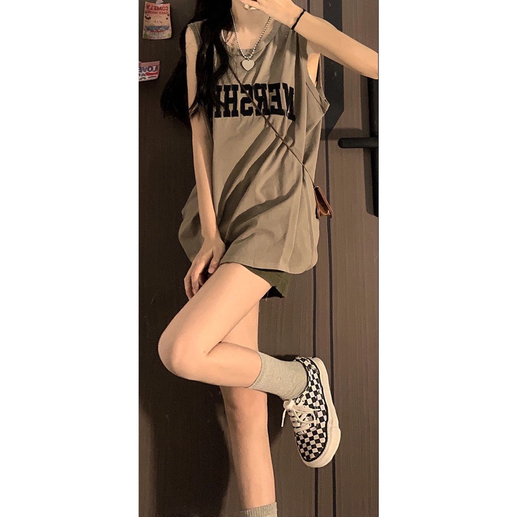 Áo Thun Sát Nách Thể Thao In Chữ Phong Cách Retro Mỹ Cho Nữ