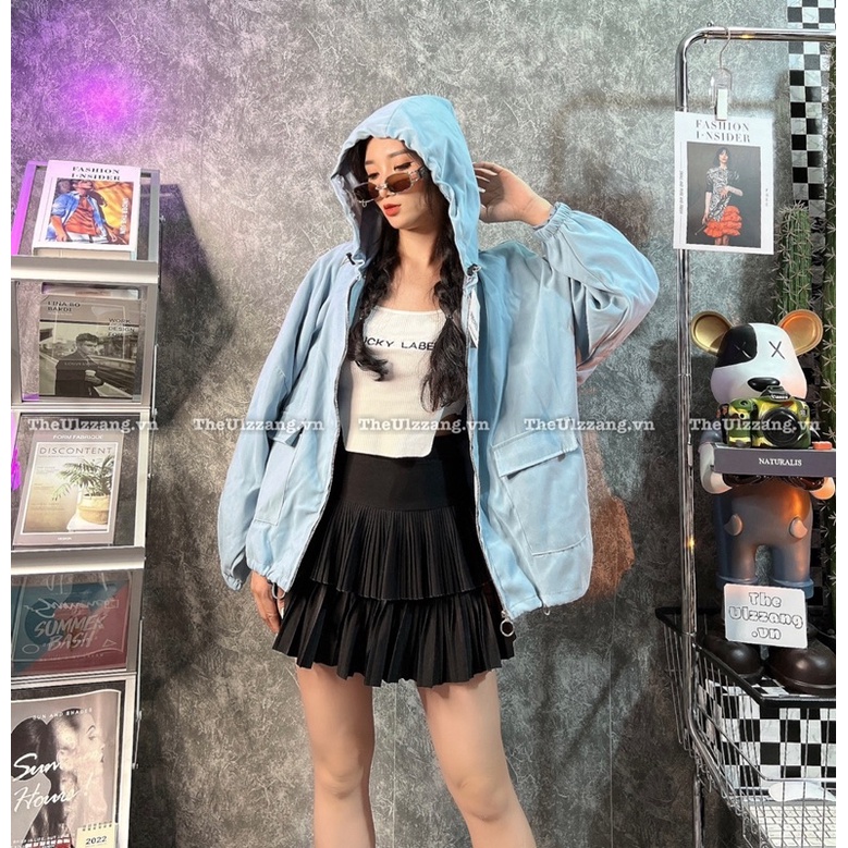 Áo Khoác Quảng Châu Da Lộn 2 Lớp Khóa Zip CC Form Rộng Dơi Tay Phồng Mẫu Trơn 2 Túi Hộp - DL2011