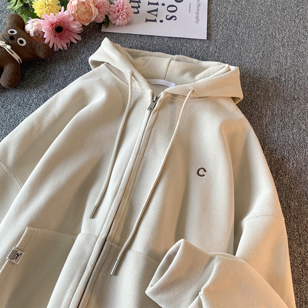 Áo Hoodie nữ zip unisex, khoác bomber nỉ bông Ulzzang, mũ áo trùm đầu 2 lớp, thân 1 lớp phong cách Hàn Quốc, thiêu chữ C