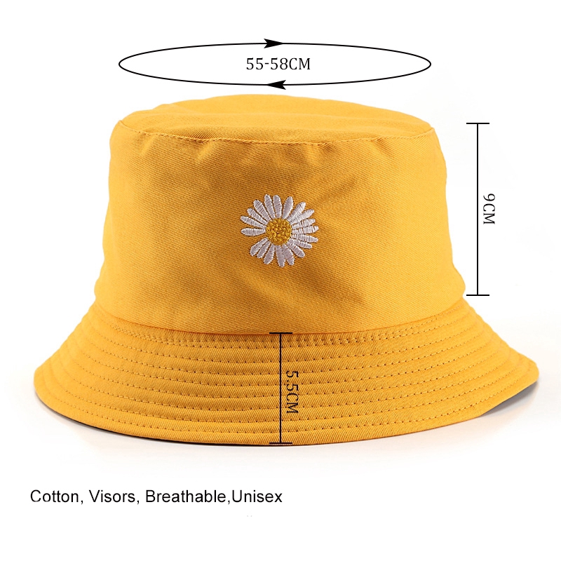 Mũ Bucket chống nắng thêu họa tiết hoa cúc hai mặt bằng cotton thời trang