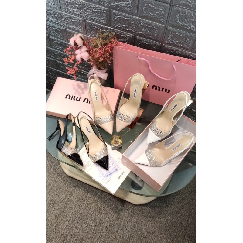 Giày cao gót mũi nhọn dây quai đeo sau hậu gót 8.5cm miumiu