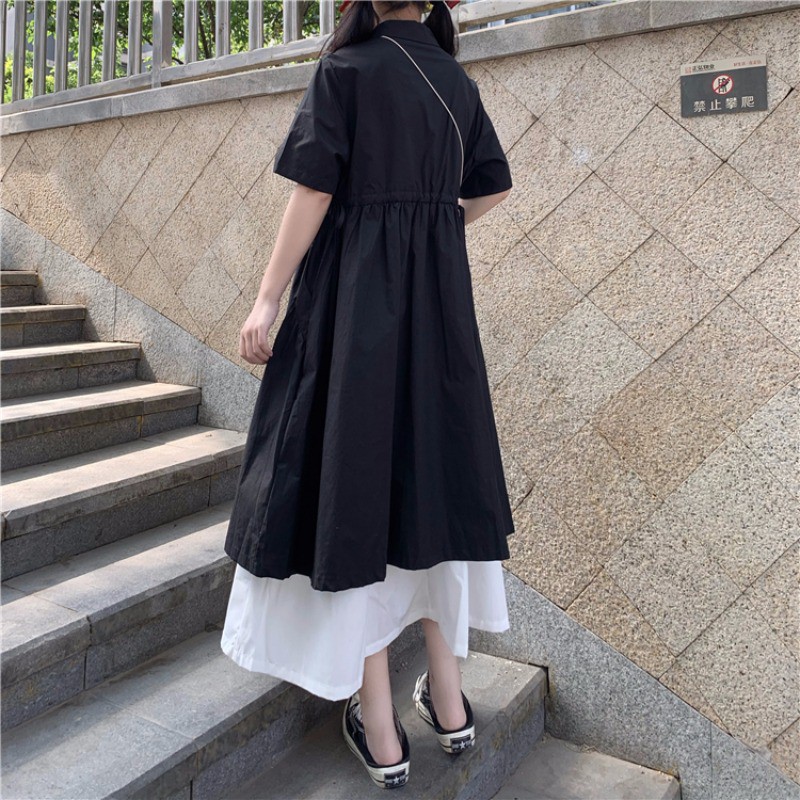 Váy xòe dài màu đen phối 2 tầng màu trắng style retro nữ sinh Hàn Quốc