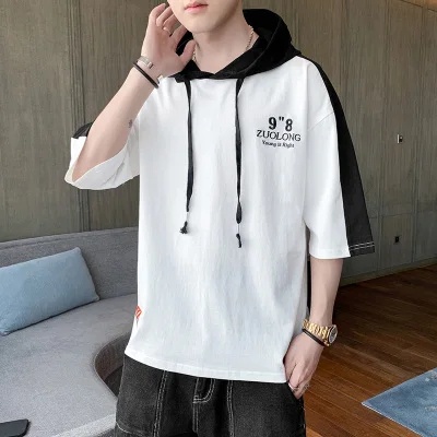 Áo Thun Có Mũ Trùm Tay Ngắn Dáng Rộng In Họa Tiết Vải cotton Thời Trang Mùa Hè Mới Cho Nam