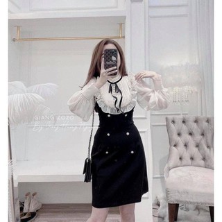 Đầm chữ A phối cổ thắt nơ, tay bồng bo chun A136