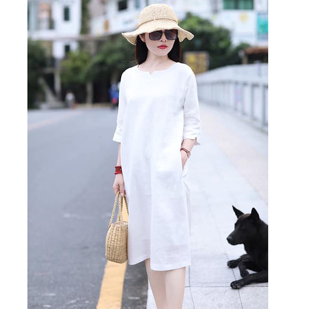 Đầm suông Linen bột Premium tay lỡ 1 lớp vải Linen dày dặn kèm đài rời - Trắng