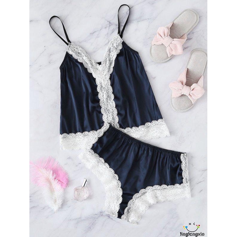 Bộ đồ pajamas quyến rũ chất liệu lụa satin áo 2 dây + quần ngắn phối ren cho nữ