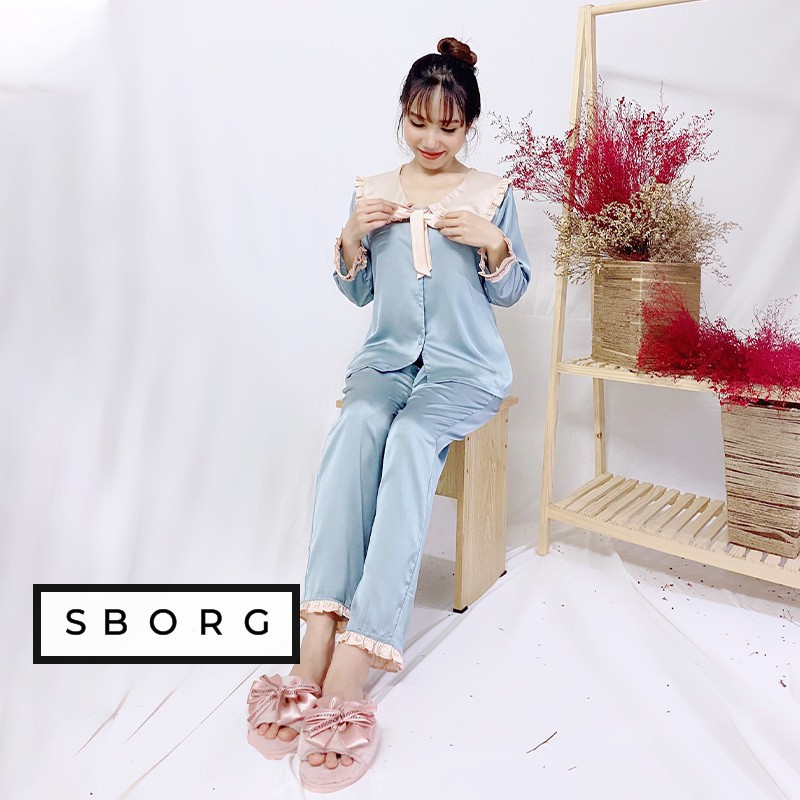 Đồ bộ nữ SBORG kiểu cute mặc nhà chất lụa satin cổ bèo nơ tay dài viền dún có túi freesize quà tặng vợ