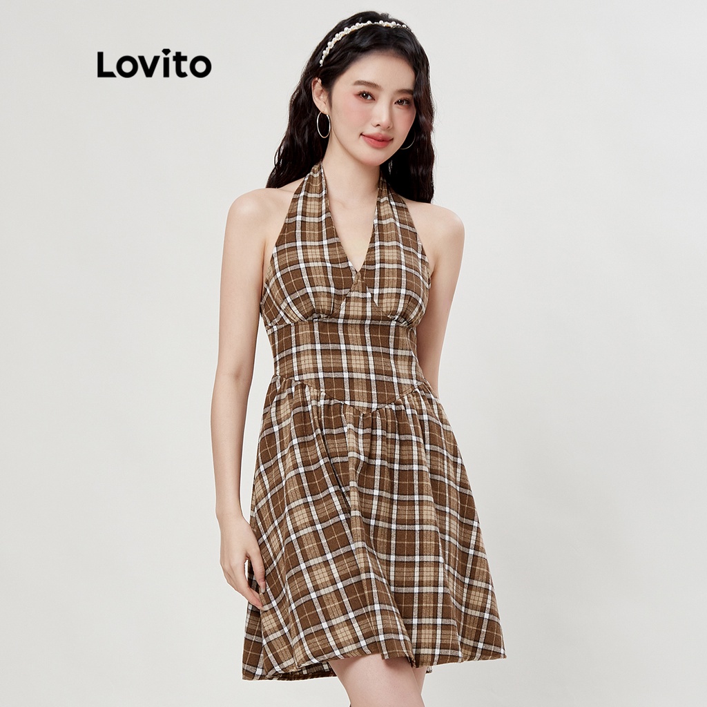 Lovito Dây chuyền kẻ sọc Preppy Vẽ lại một đường kẻ Váy nữ L33ED065 (Cà phê)