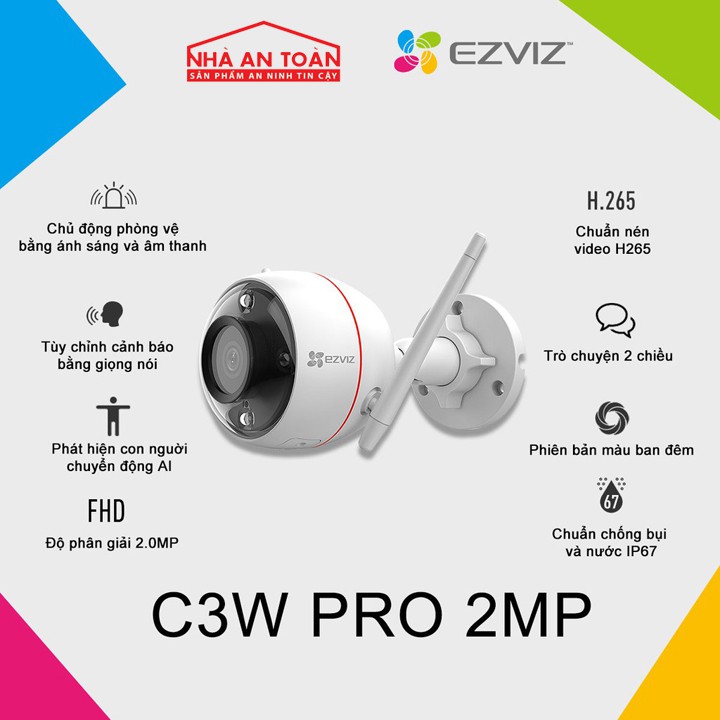 Camera IP Wifi ngoài trời EZVIZ C3W Pro Color Night bản 2MP chính hãng Nhà An Toàn