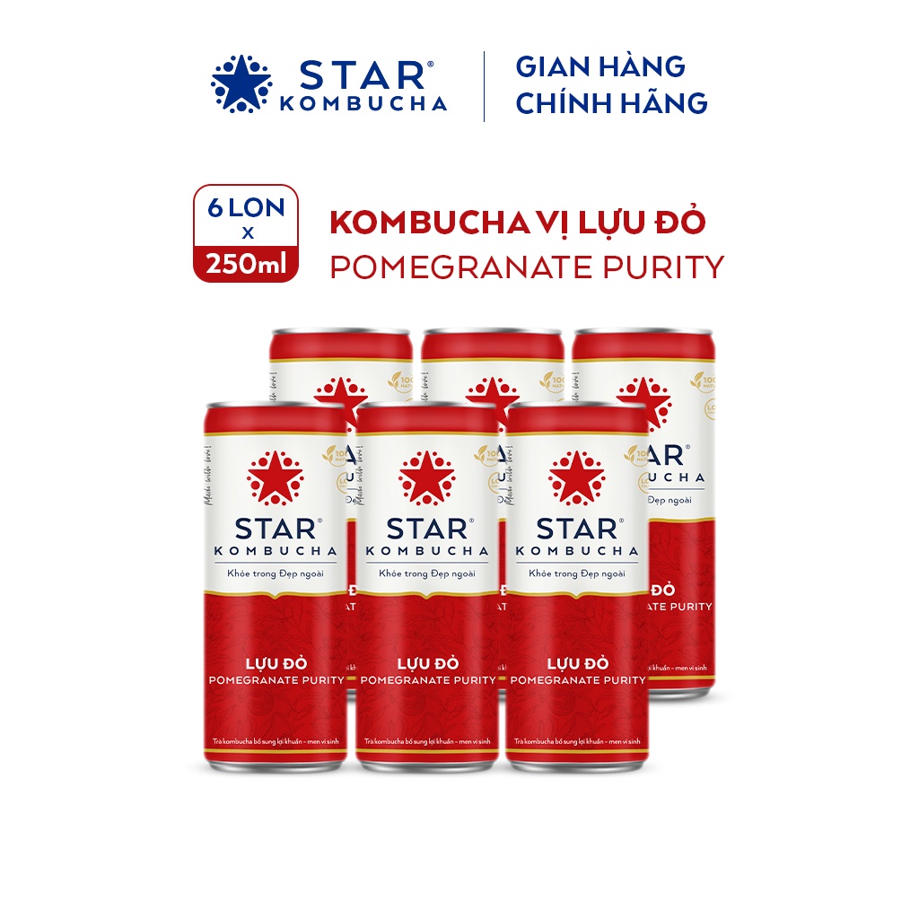 Lốc 6 lon trà lên men STAR KOMBUCHA hữu cơ vị Lựu Đỏ / Pomegranate Purity (250ml/lon)