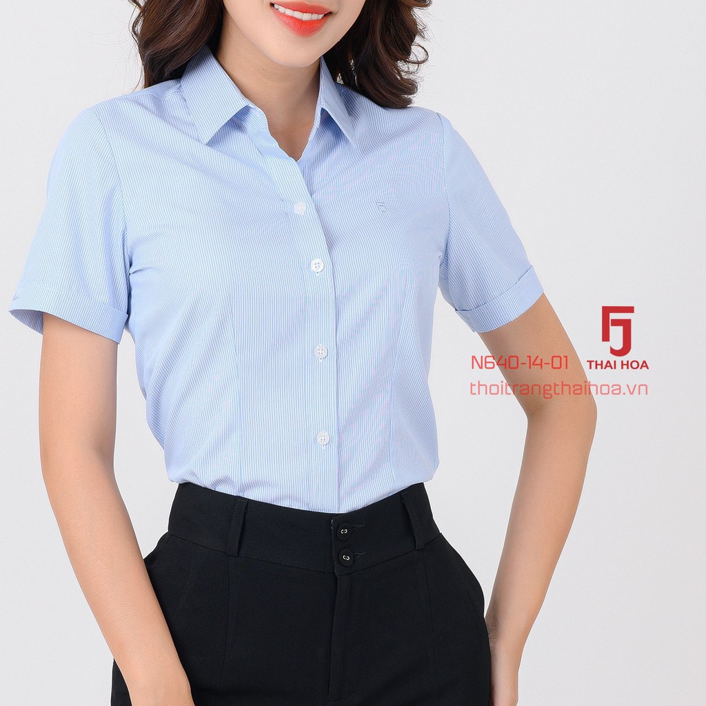 Áo sơ mi nữ Thái Hòa N640-14-01 Áo sơ mi nữ công sở ngắn tay, màu xanh, cottong sọc thẳng, trẻ trung