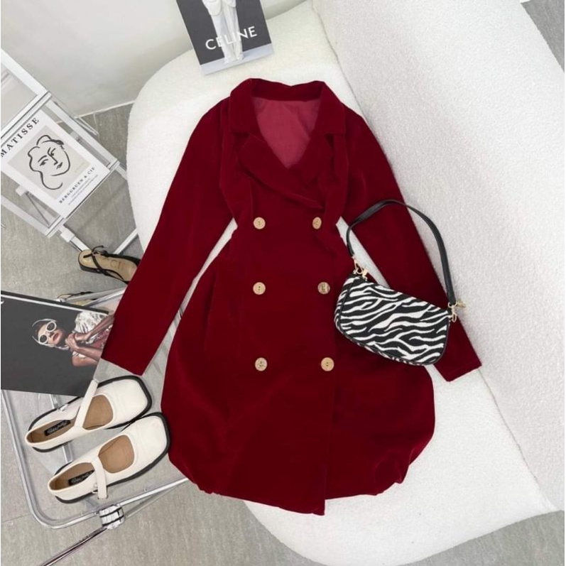 ĐẦM ĐỎ NHUNG CỔ VEST ĐÍNH NÚT