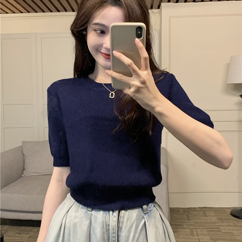 Áo dệt kim SUXI tay ngắn cổ tròn đơn giản dễ phối đồ phong cách cổ điển cho nữ