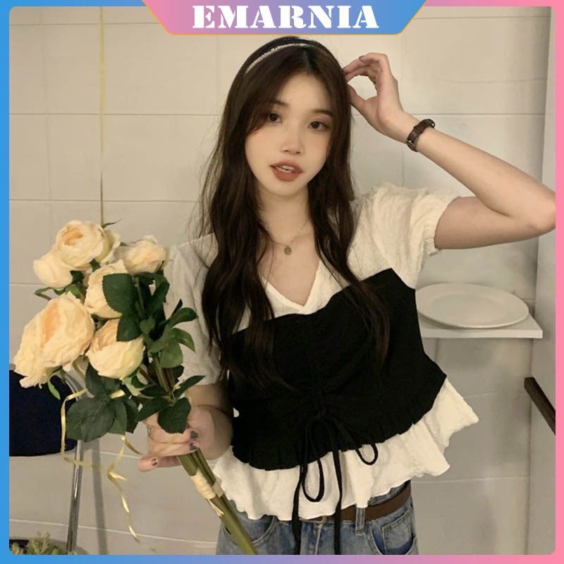 ❤️Trang Phục Emarnia Phong Cách Nhật Hàn Dành Cho Nữ ❤️Áo Sơ Mi Tay Phồng Cổ Chữ V Giả Hai Mảnh Màu Trắng Đen Phong Cách Hàn Quốc Dành Cho Nữ