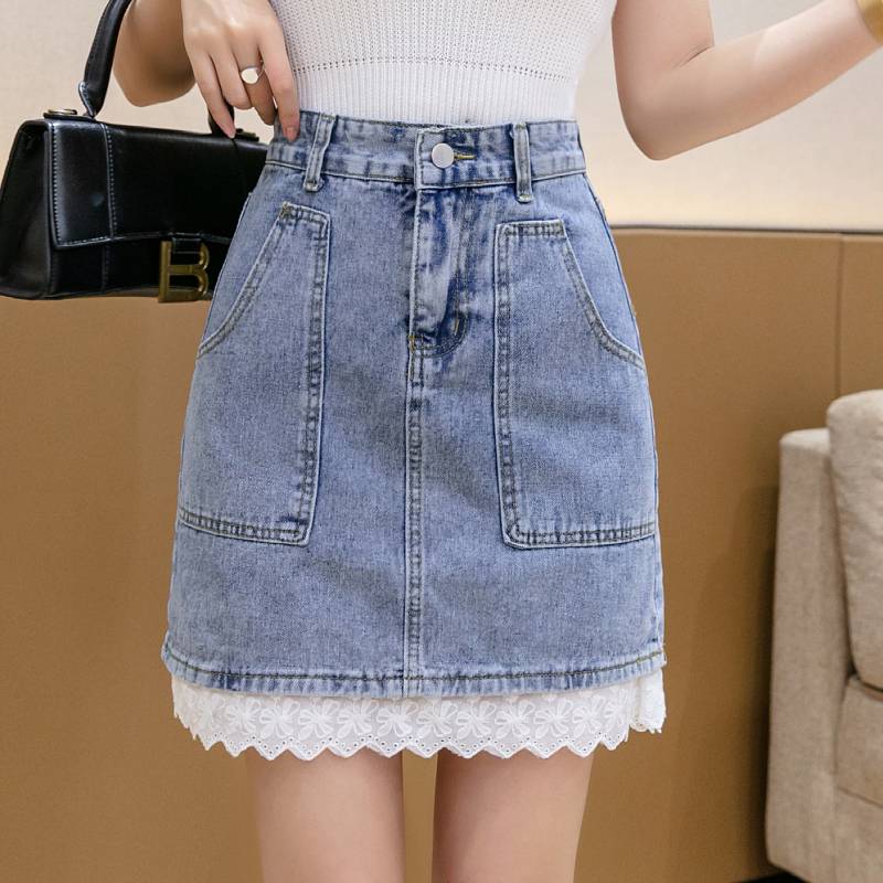 Chân Váy Denim Chữ A Phối Ren Xinh Xắn Theo Phong Cách Hàn Quốc
