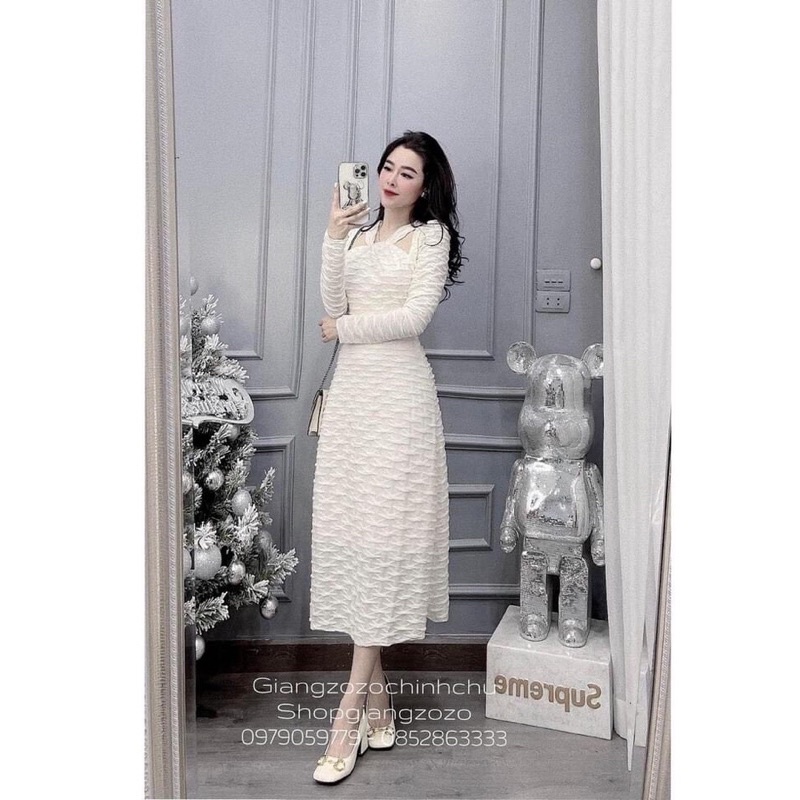 Váy len sóng cut out 2 màu đen trắng cho nữ