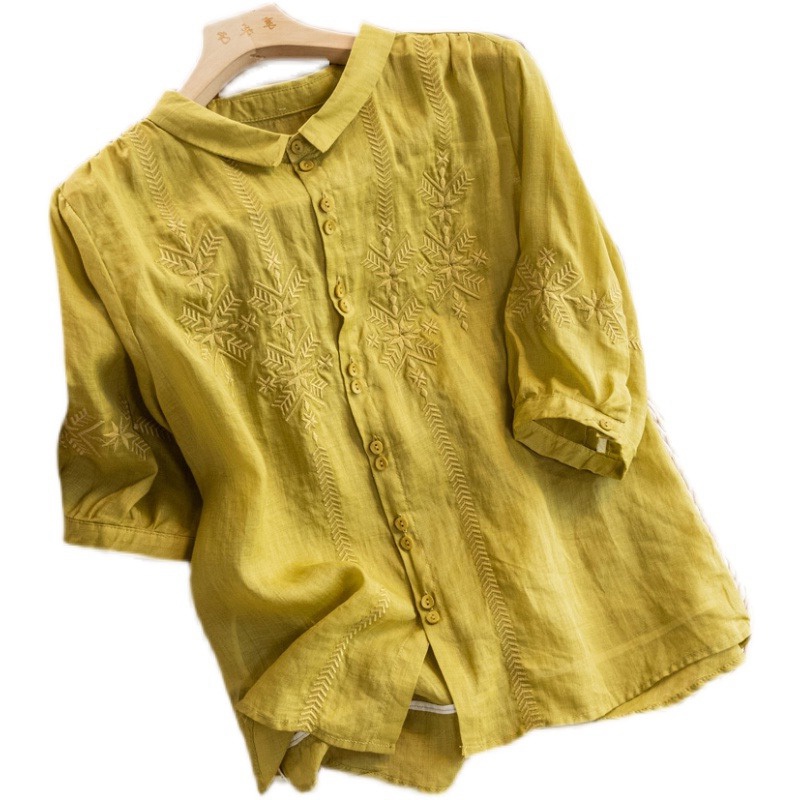 Ice embroidered blouse cotton linen short-sleeved thin shirt Japanese ramie pick up ~ big brand cut label