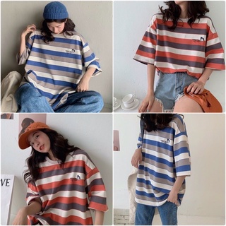 Áo thun unisex kẻ tay lỡ , kẻ cam + kẻ xanh