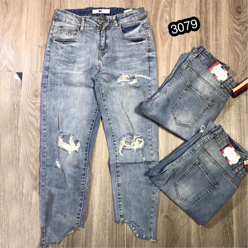 Quần Jeans Nữ Rách Gối Cao Cấp OHS3079