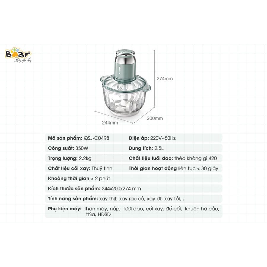 Máy Xay Đa Năng Bear QSJ-C04R8S - Xay Thịt, Xay Thực Phẩm - Hàng Chính Hãng Bảo Hành 18 Tháng