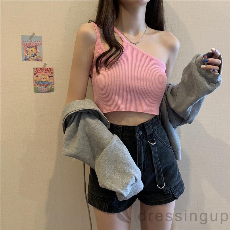 Áo croptop sát nách kiểu lệch vai màu trơn / đen / xanh lá / trắng / tím / hồng cho nữ
