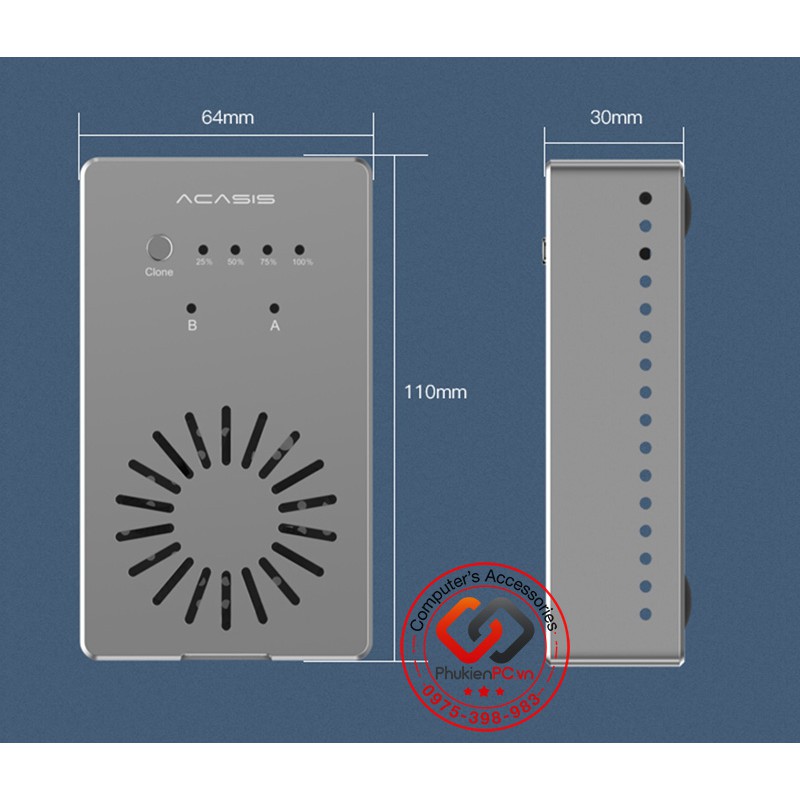 Box đọc 2 SSD M.2 NVMe 10Gbps, có chức năng nhân bản-clone không cần máy tính, quạt tản nhiệt đi kèm.