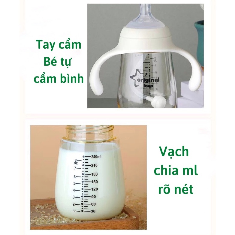 Bình sữa cho bé kèm 2 đầu núm thay thế giúp bé tập hút dung tích 240ml