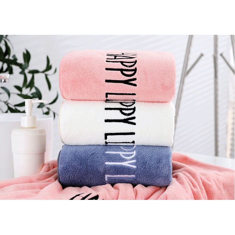 Khăn tắm, khăn lau đầu 100% cotton, thêu chữ Happy Life, kích thước 32x70cm, thấm hút nước tốt, chất vải mềm mịn