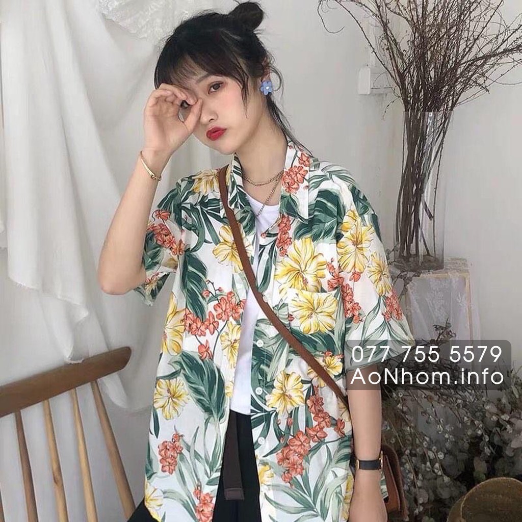 Áo Sơ Mi Hawaii Đi Biển Mềm Mát - Bông Bụt Trắng - Áo Đôi Đồng Phục Nhóm Lớp Team Building Hoạ Tiết Hoa Lá Trái Cây