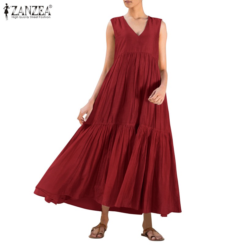 ZANZEA Đầm dài không tay màu trơn phong cách retro cho nữ | BigBuy360 - bigbuy360.vn