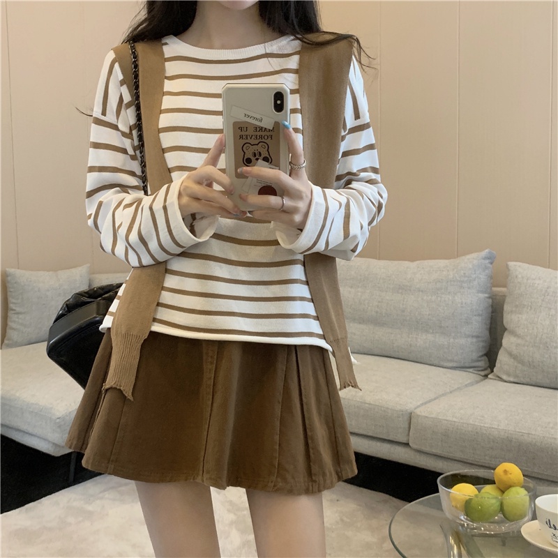 Áo Len Dài Tay Form Rộng Họa Tiết Kẻ Sọc + Khăn Choàng Đa Năng Thời Trang Mùa Thu Hàn Quốc Mới Dành Cho Nữ
