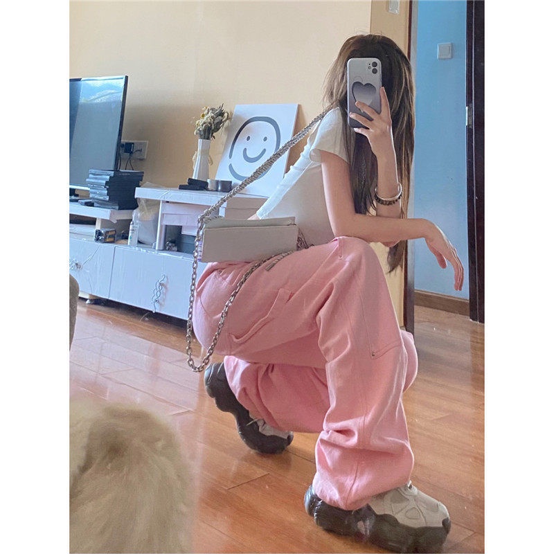 ◈❣▣Quần Jean Hồng Lưng Cao Ống Rộng Phong Cách Hàn Quốc Thời Trang Mùa Hè Mới Cho Nữ