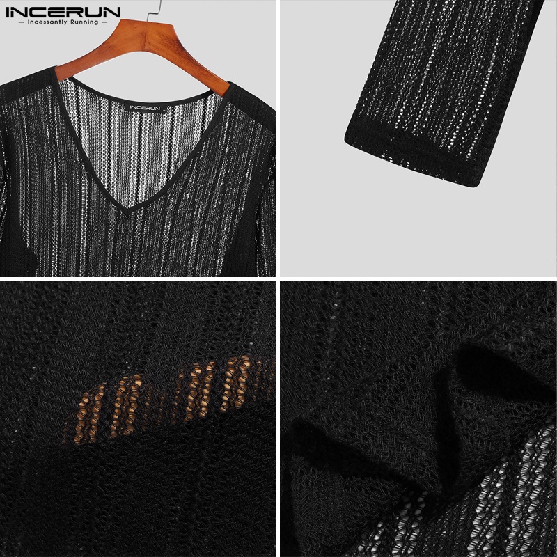 Áo dài tay INCERUN kiểu cổ chữ v màu đen cho nam