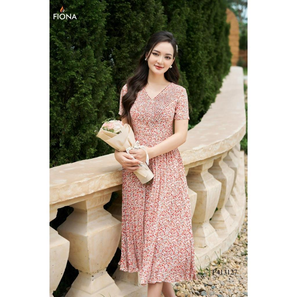 Đầm thiết kế cao cấp FIONA váy công sở nữ dáng dài họa tiết hoa nhí dáng xòe cổ tim F413127