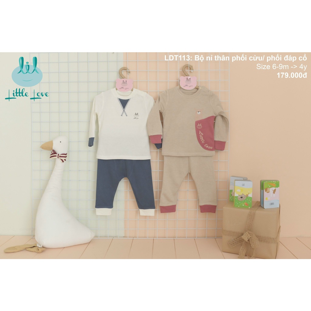 Bộ quần áo dài tay nỉ mỏng thân phối cừu, phối đáp cổ cho bé từ 6m đến 4y little love (LDT113)
