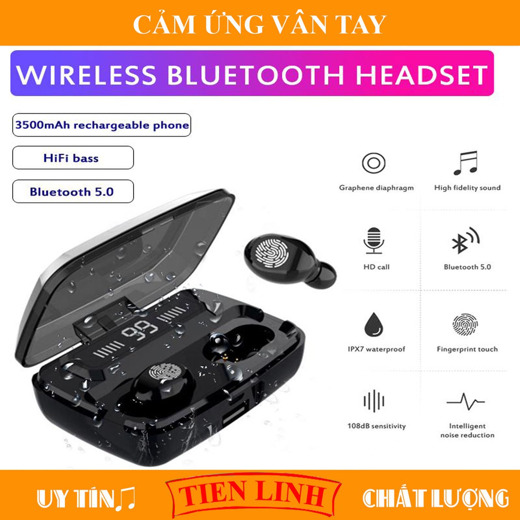 Tai Nghe Bluetooth 5.0, Kiêm Sạc Dự Phòng 3500mAh, Điều Khiển Cảm Ứng, Màn Led Báo Pin Âm Thanh HiFi TWS True Siêu Bass