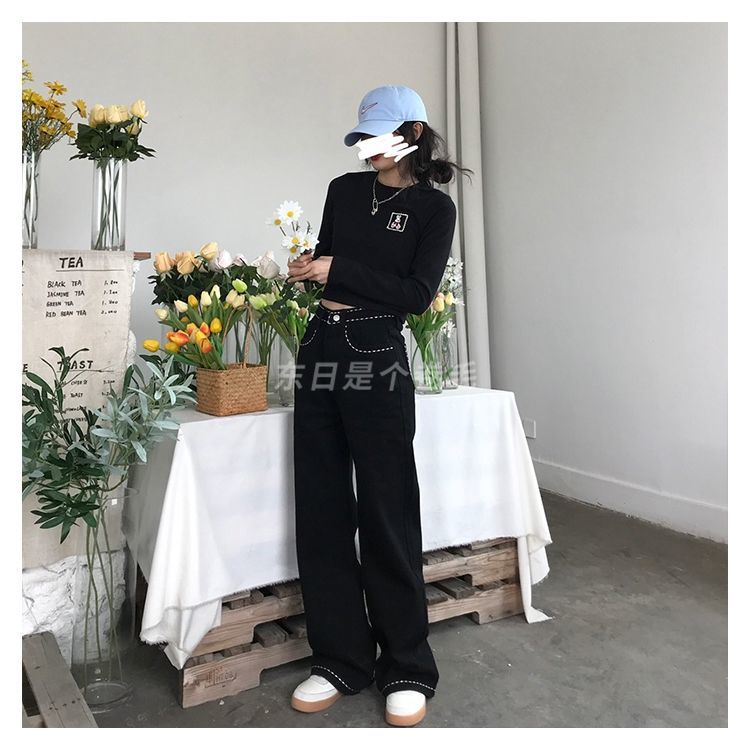 Quần jean dài ống rộng thêu hoa nhỏ màu đen thời trang dành cho nữ