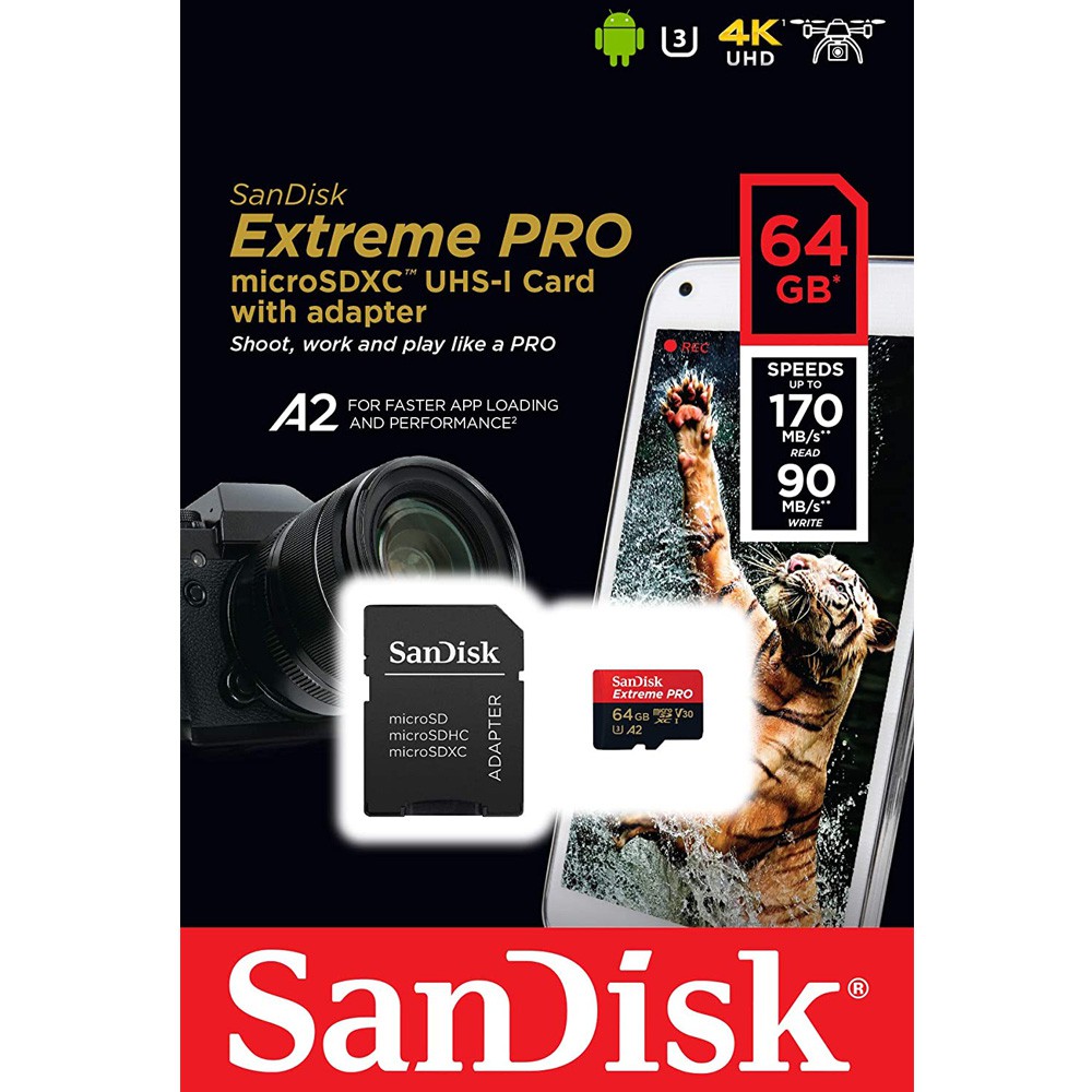 Thẻ nhớ Micro SDHC Extreme Pro 32/64/128 GB V30 A2 64GB 170MB/s Tốc độ ghi lên tới 90MB/s Hỗ trợ quay video 4K