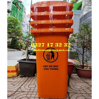 Thùng rác 120L có bánh xe, thùng rác công cộng màu cam