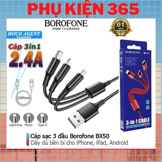 Dây cáp sạc 3 đầu borofone bx50 dòng 2.4a đầu, micro, type-c chống rối dài 1m - chính hãng
